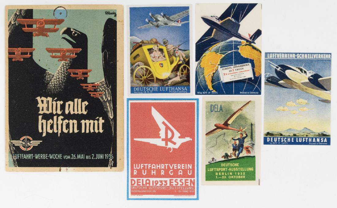 (PROPAGANDA STAMPS) LUFTHANSA AND GERMAN AVIATION: Lot of six propaganda stamps honoring German national airline Lufthansa, an aviation group and an aviation show. Condition varies, generally very good to fine.
