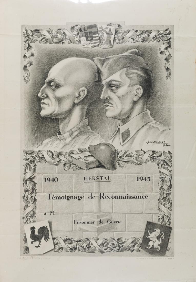 BELGIAN PRISONER OF WAR RECOGNITION CERTIFICATE: Unusual, unissued printed certificate in French, a "Temoignage de Reconnaissance" ("Certificate of Recognition"), 13 1/2" x 19 1/4", to be issued to a citizen of the Belgian city of Herstal who has sp