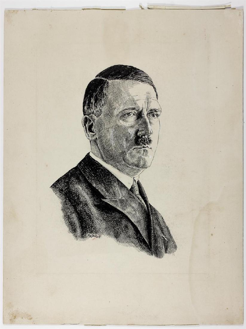 ORIGINAL INK DRAWINGS OF HITLER AND GORING: Pair of original pen and ink drawings of Adolf Hitler and Hermann Goring, each 11" x 14" on art board, professionally accomplished and almost certainly war date. Signed front and back by one: "E. H. D