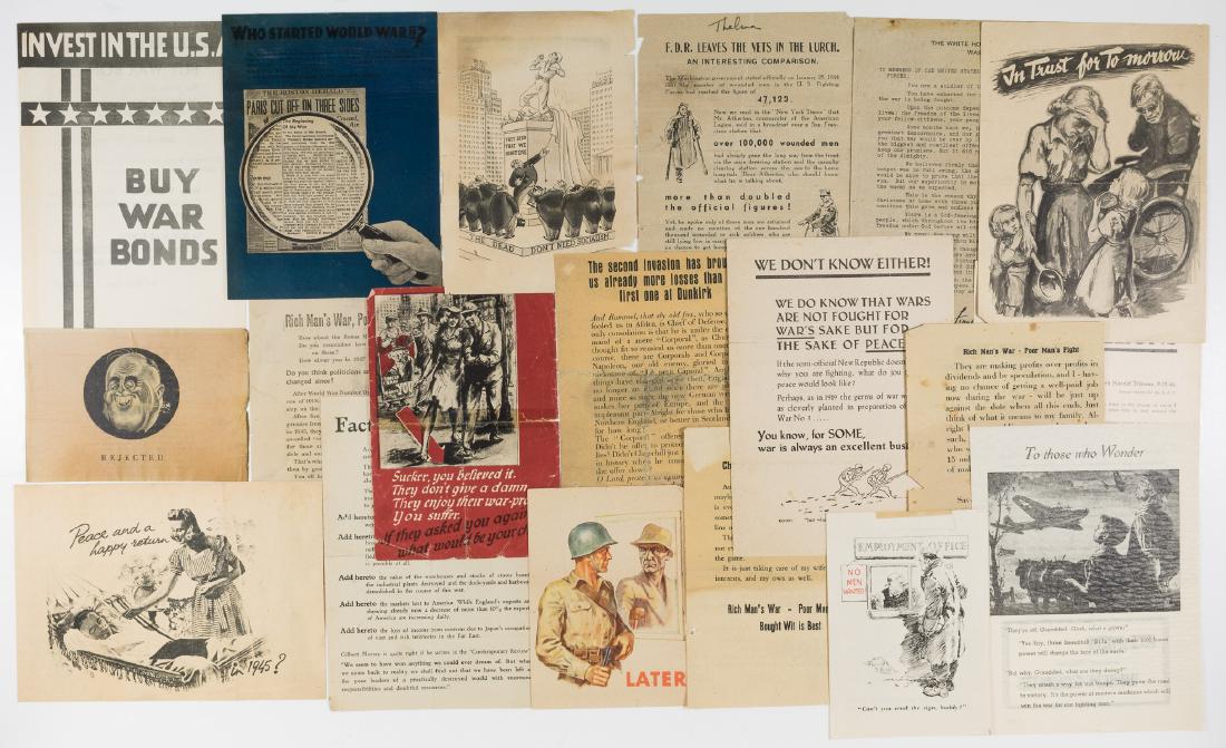 PROPAGANDA LEAFLETS THREATEN POST-WAR MISERY (19): Good lot of nineteen German-produced propaganda leaflets in English, all 8vo. or smaller, all intended to demoralize Allied soldiers by emphasizing the lack of importance placed on the individual sold