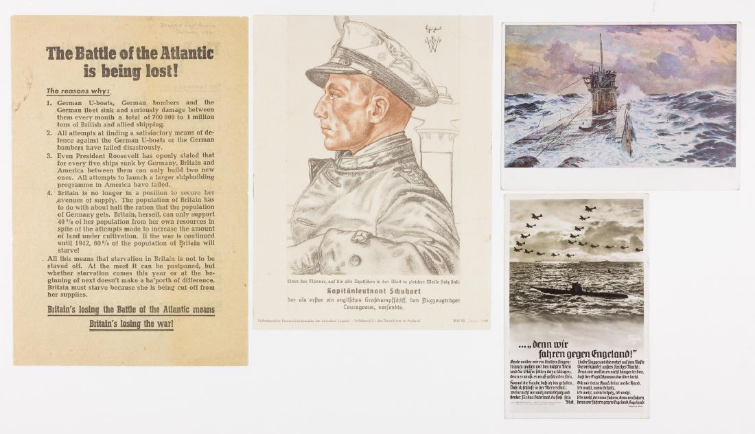 U-BOAT EPHEMERA (4): Four pieces of U-boat ephemera, includes: German propaganda sheet "The Battle of the Atlantic is being lost!", dropped on East Anglia in Autumn, 1941; trimmed Willich portrait of Capt. Otto Schuhart; 