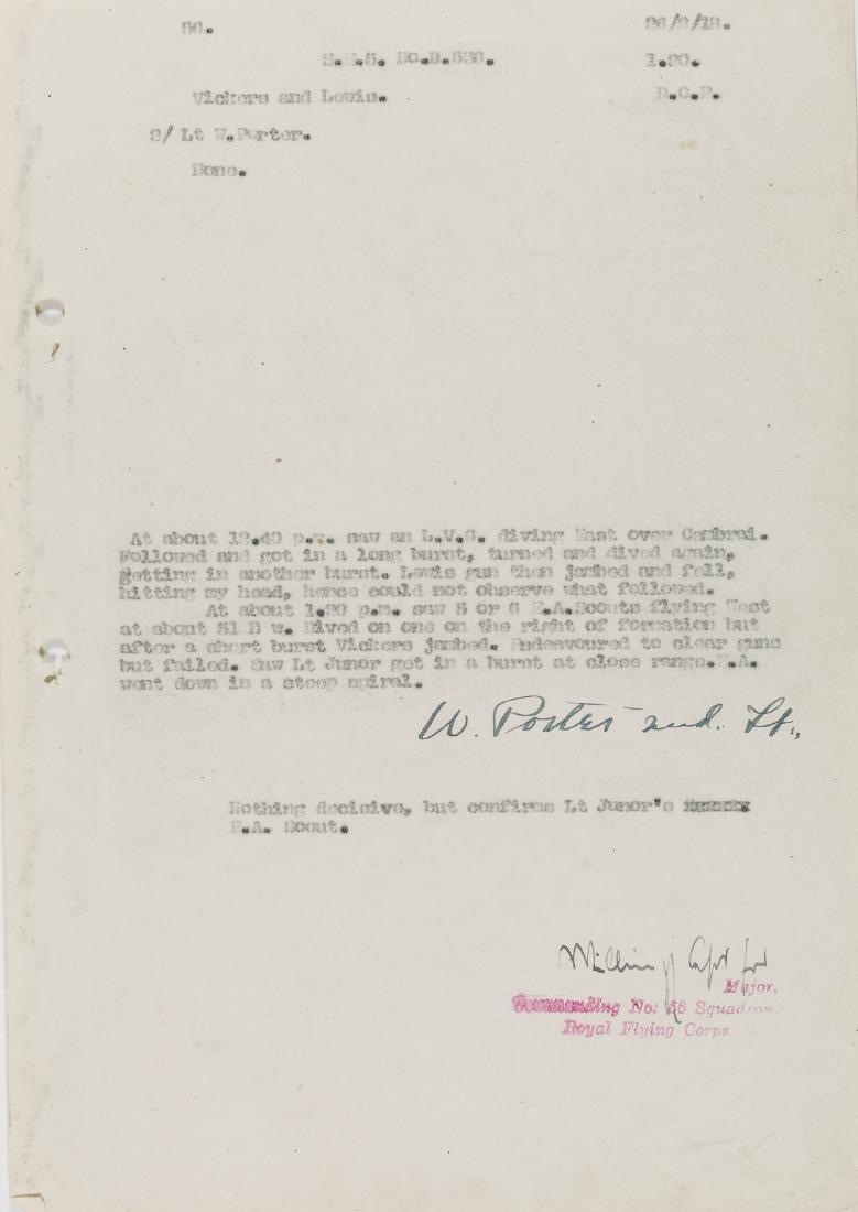 MANFRED VON RICHTHOFEN VICTIM - WILSON PORTER: WILSON PORTER (1892 - 1918) R.A.F. pilot, listed by Gibbons as being Richtofen's 67th "kill", though debate remains. War-date D.S., 1p. 4to., [n.p.], Feb. 26, 1918, a combat report describing shooting