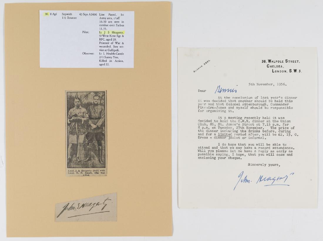 MANFRED VON RICHTHOFEN VICTIM - JOHN S. HEAGERTY: JOHN S. HEAGERTY R.F.C. pilot, von Richtofen's 38th "kill" in a Sopwith. Heagerty was wounded and captured, his observer was killed in action. Pair of signed items, includes a form letter, 1p. 8vo., L