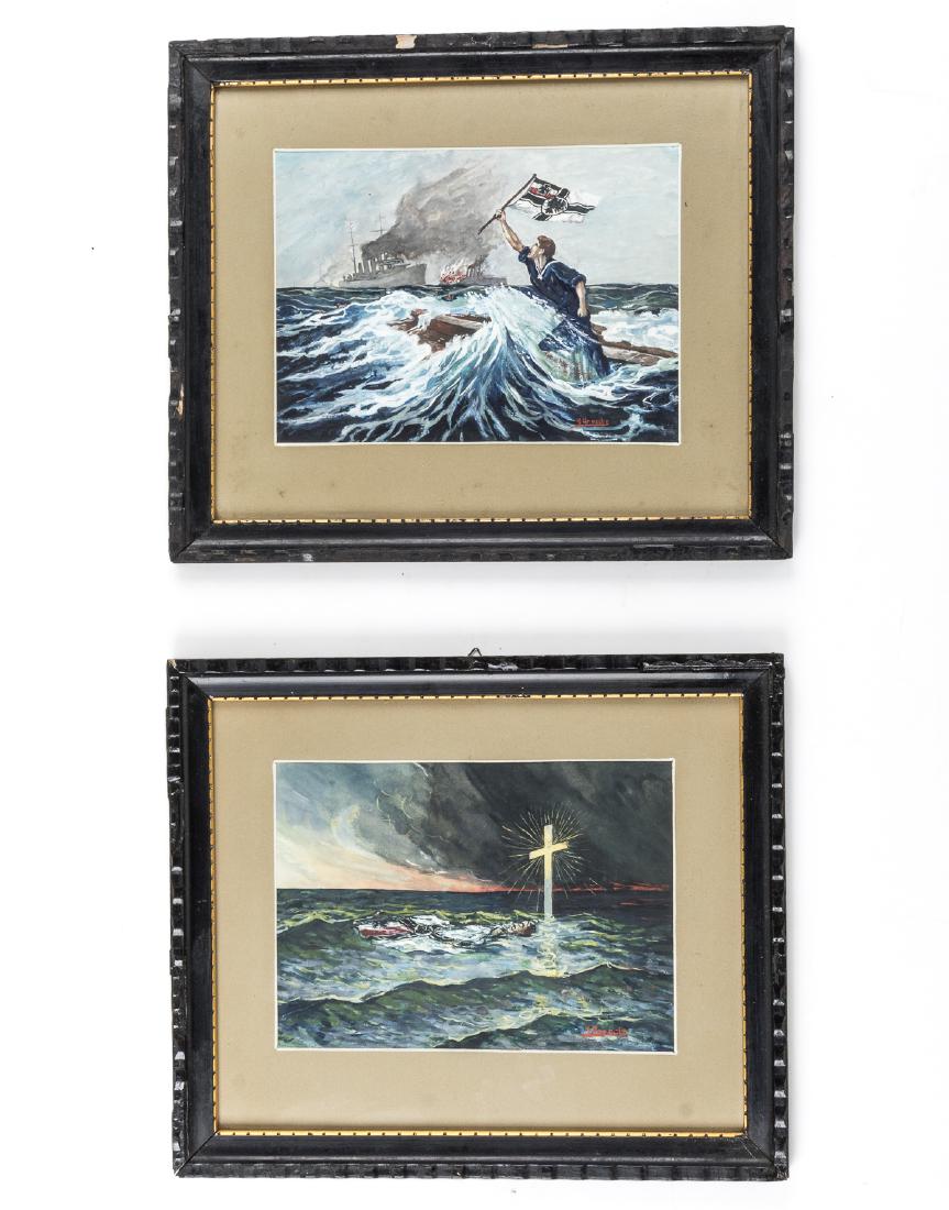 WATERCOLOR PAINTINGS COMMEMORATE THE BATTLE OF THE: Excellent pair of original watercolor paintings commemorating the German dead of the Battle of the Falkland Islands, in which the East Asia Squadron of the Imperial German Navy, commanded by Admiral G