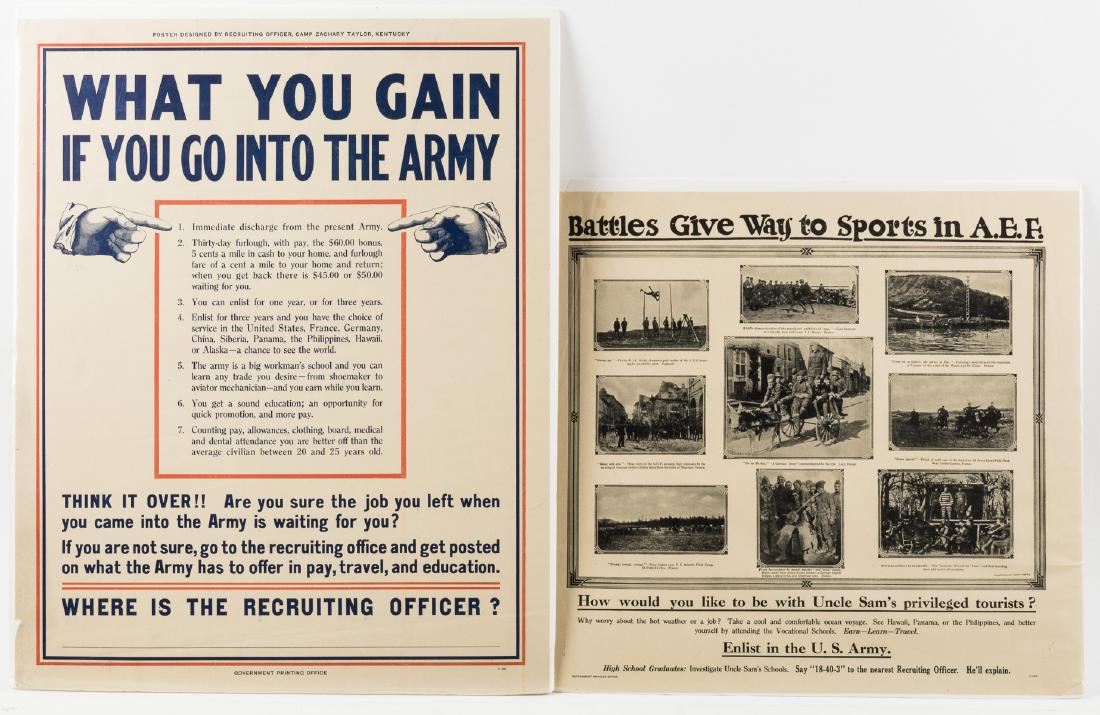 U.S. ARMY RECRUITING POSTERS (2): Good pair of World War I-era U.S. Army recruiting posters, includes: immediately post-war recruiting poster, 18" x 19", titled "Battles Give Way to Sport in A[merican] E[xpeditionary] F[orces]". It is