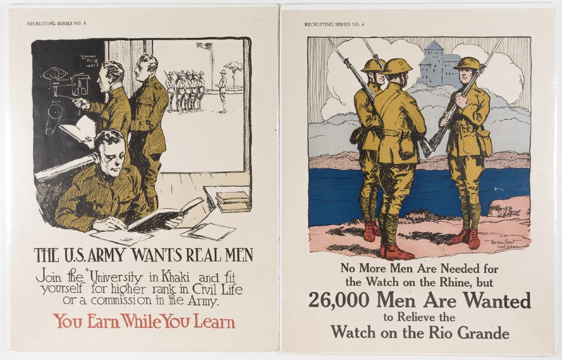 U.S. ARMY RECRUITING POSTERS (2): Good pair of World War I-era U.S. Army recruiting posters, the first 11" x 14", illustrated with a depiction of soldiers undergoing instruction in a classroom as additional men drill outside. The post