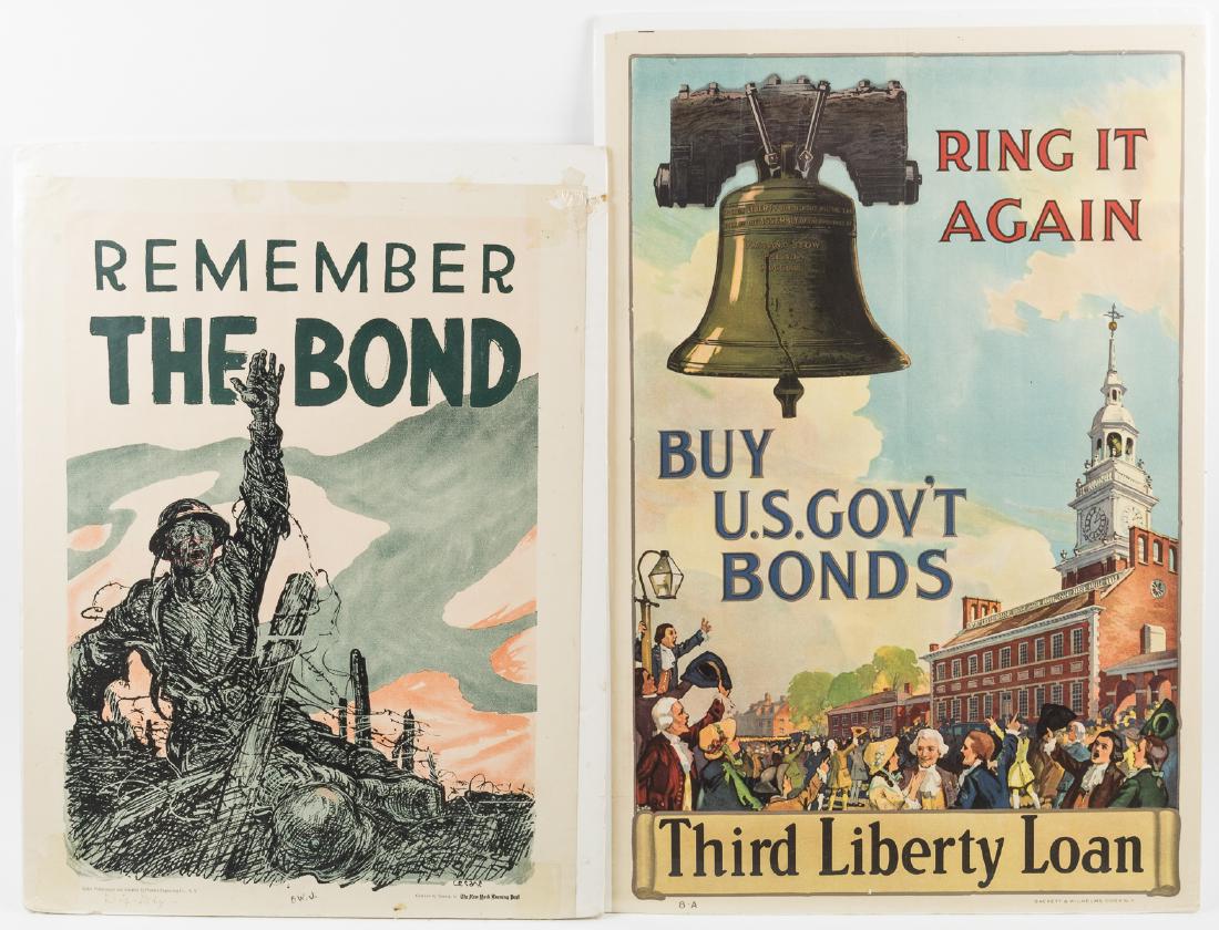 WORLD WAR I WAR BOND POSTERS (2): Good pair of World War I propaganda posters, both advertising the issue of war bonds used to support the Allied cause. Includes: highly graphic poster, 19" x 25 1/2", depicting a soldier crying out fo