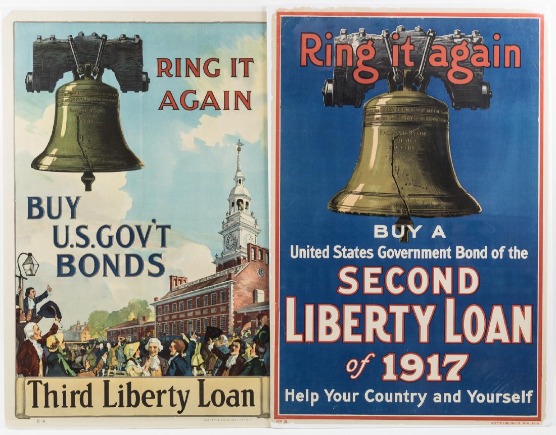 WORLD WAR I "LIBERTY LOAN" POSTERS (2): Good pair of World War I propaganda posters, both advertising the issue of "Liberty Loans", war bonds used to support the Allied cause. Includes: full-color poster, 20" x 30 1/2", depicting the Libert