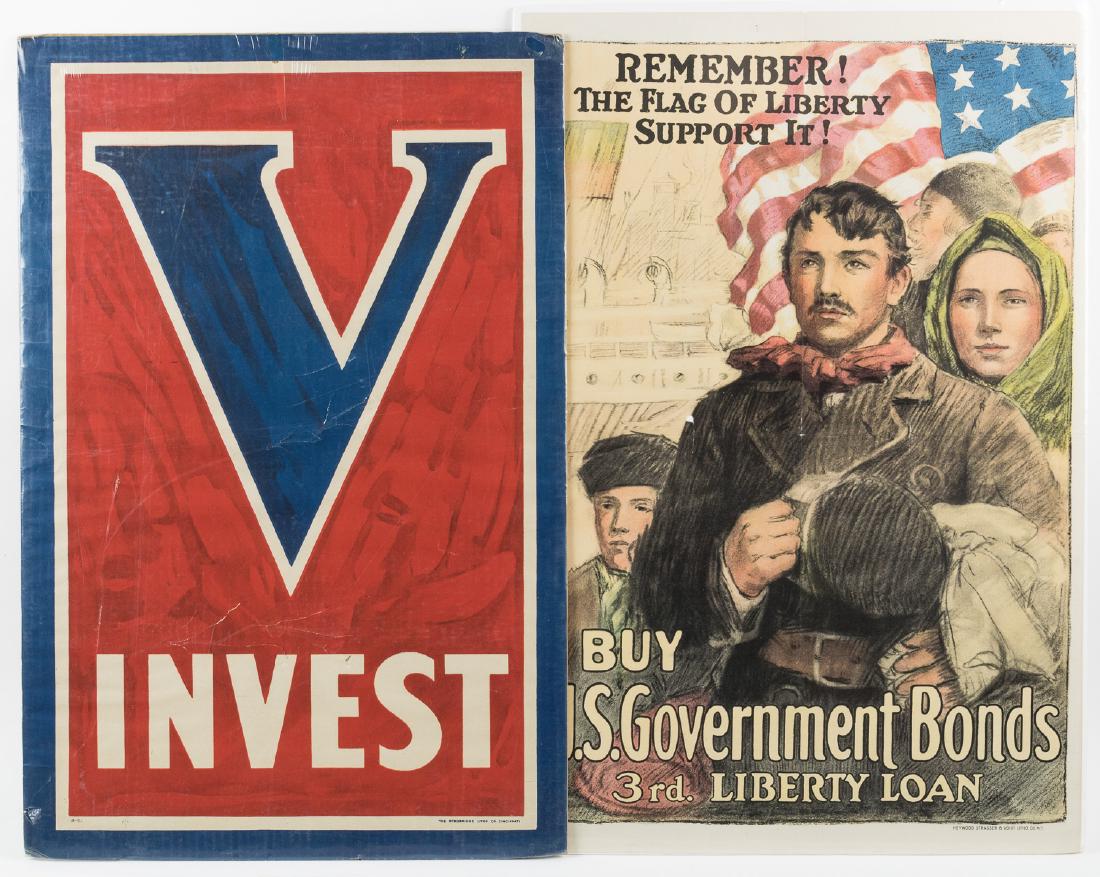 WORLD WAR I "LIBERTY LOAN" POSTERS (2): Good pair of World War I propaganda posters, both advertising the issue of "Liberty Loans", war bonds used to support the Allied cause. Includes: full-color poster, 20" x 30", featuring a vibrant depi