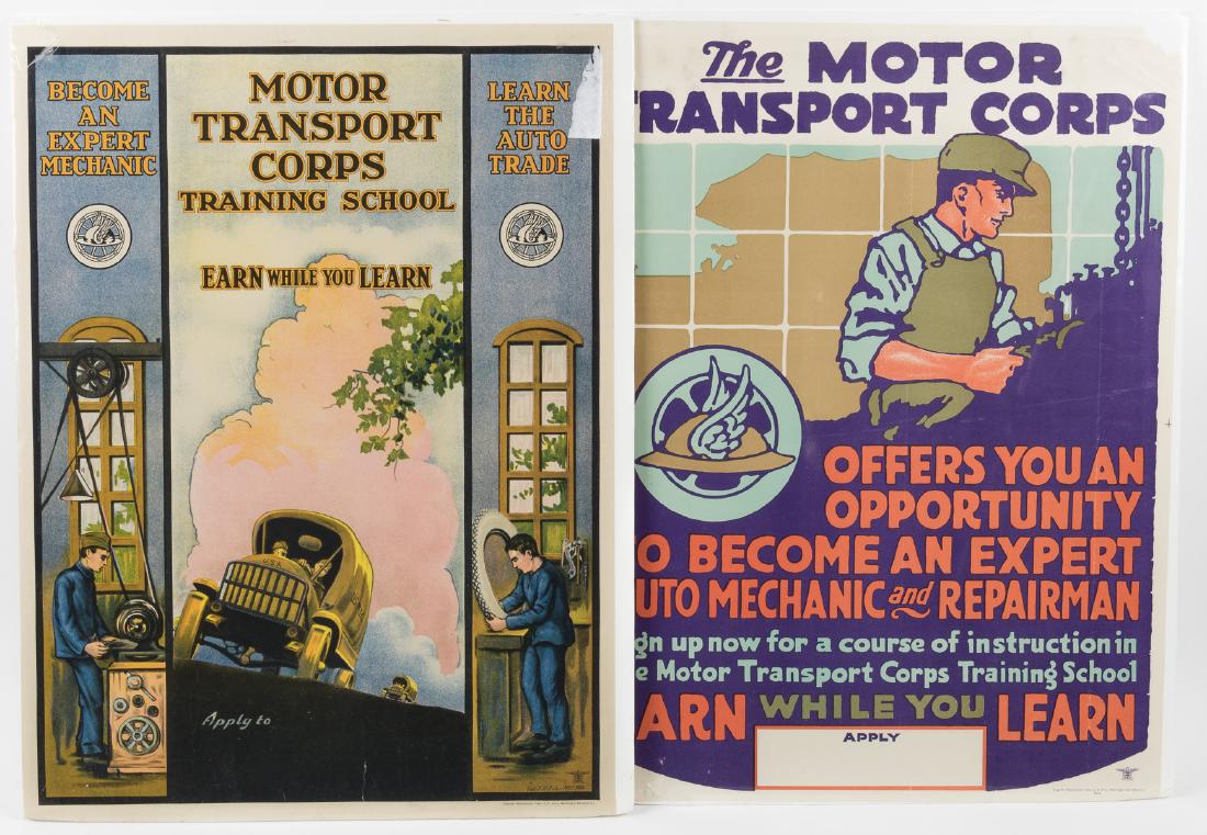 U.S. MOTOR TRANSPORT CORPS RECRUITING POSTERS (2): Good pair of original World War I-era recruiting posters, each soliciting volunteers for the U.S. Army's Motor Transport Corps, a division of the U.S. Quartermaster Corps formed in August of 1918 and