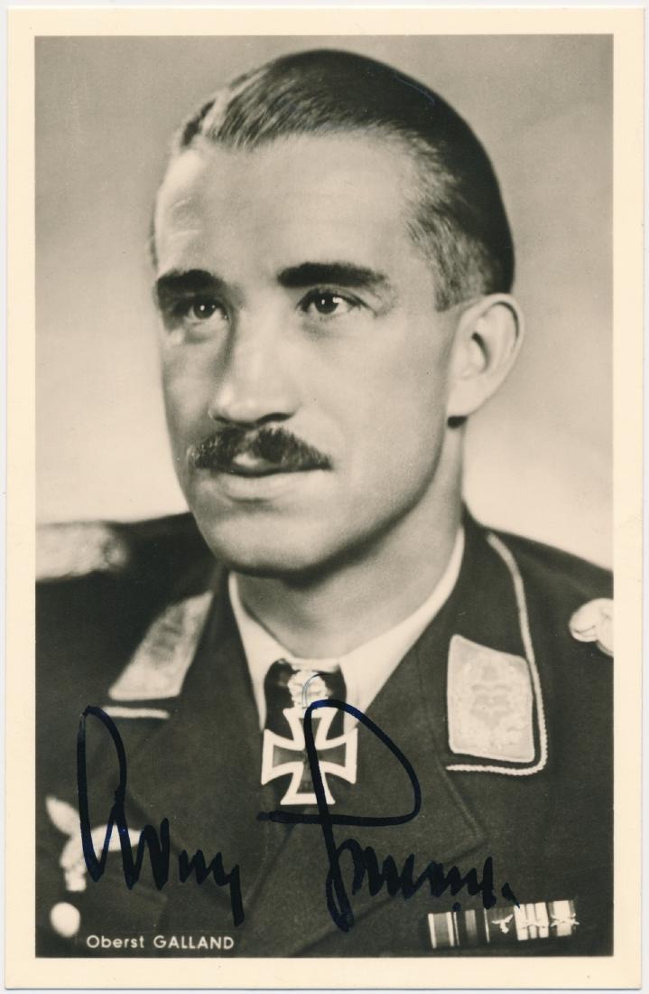 ADOLF GALLAND: (1911 - 1994) German fighter ace of World War II and general of fighters, awarded the Knights Cross with Oak Leaves, Swords, and Diamonds. S.P., 3 1/2" x 5 1/2" b/w, a chest, up pose by Hoffmann signe
