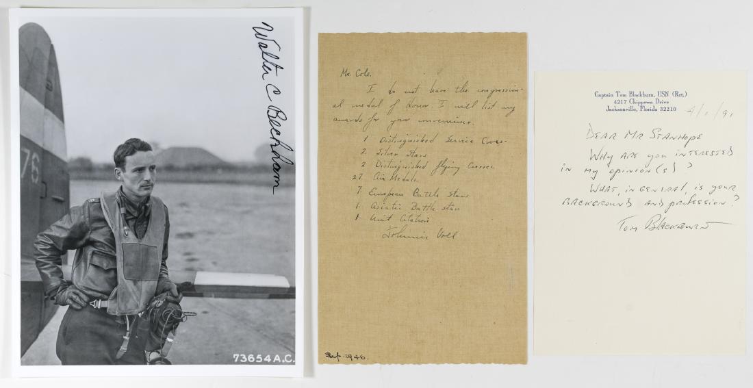 U.S. FIGHTER ACES: Good lot of three items signed by U.S. fighter aces of World War II, includes: JOHN T. BLACKBURN (1912-1994), U.S. Navy fighter ace and commander of the famed F4U Corsair squadron VF-17 Jolly Rogers.