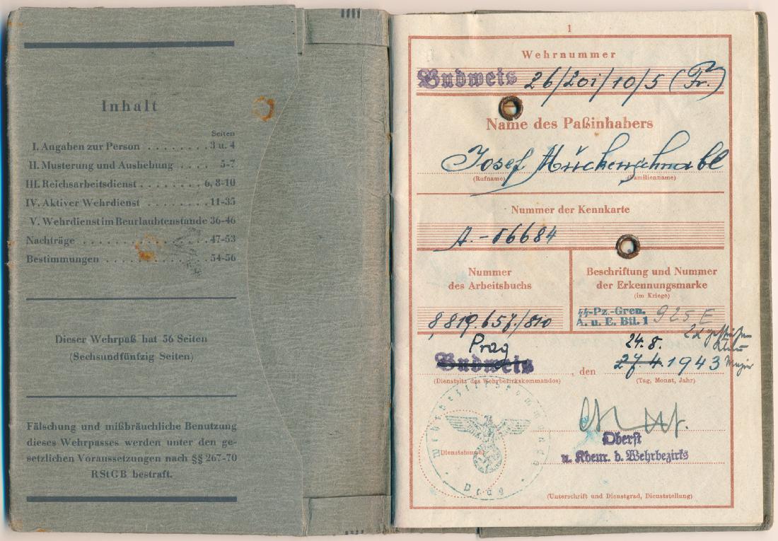 SS SOLDBUCH ISSUED TO A CZECH ETHNIC GERMAN: Soldbuch issued to Josef Muckenschnabl, born 1926 in Descherrtz. Czechoslovakia and a "Volksdeutscher." The book was issued in Prague on Aug. 24, 1943 and shows the man's service in the Hitler Youth a
