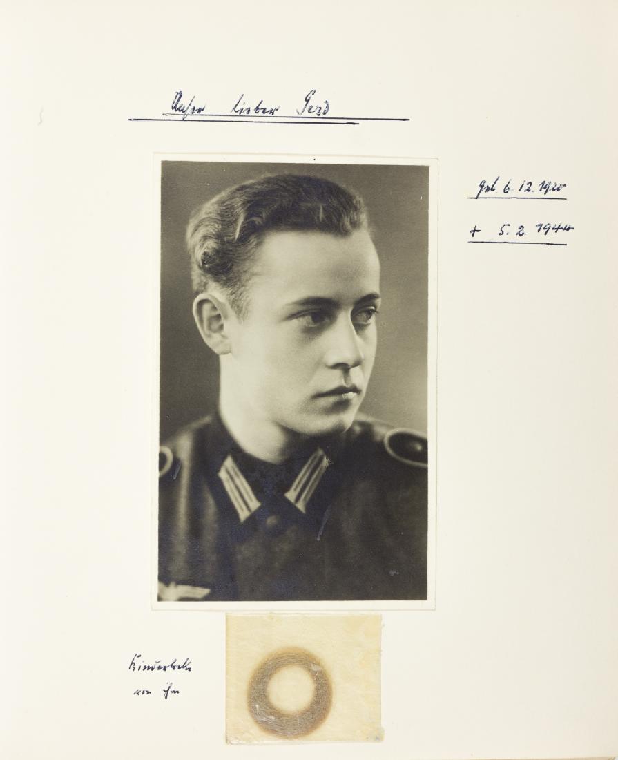 MEMORIAL ALBUM OF GERD LANGE, K.I.A. IN BELARUS: Fine memorial photo album and scrapbook, 28pp. 8vo., assembled by the family of Gerd Lange, a Wehrmacht "unteroffizier" of an anti-tank artillery regiment who was killed in action on February 5, 1944,