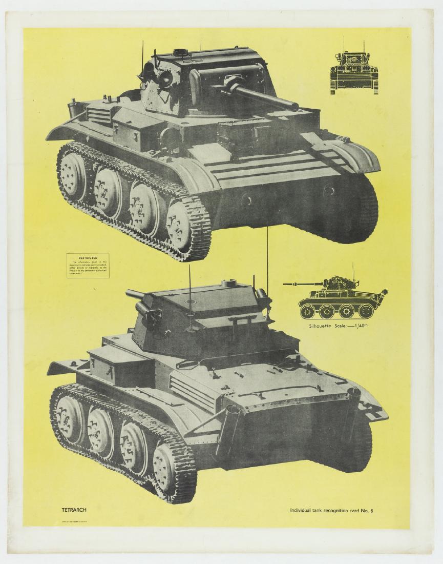 TETRARCH TANK IDENTIFICATION POSTER: Original World War II vehicle identification poster, 20" x 25", featuring two photographs giving front and rear oblique views of the British Light Tank Mk VII Tetrarch, with two smaller diagrams provi