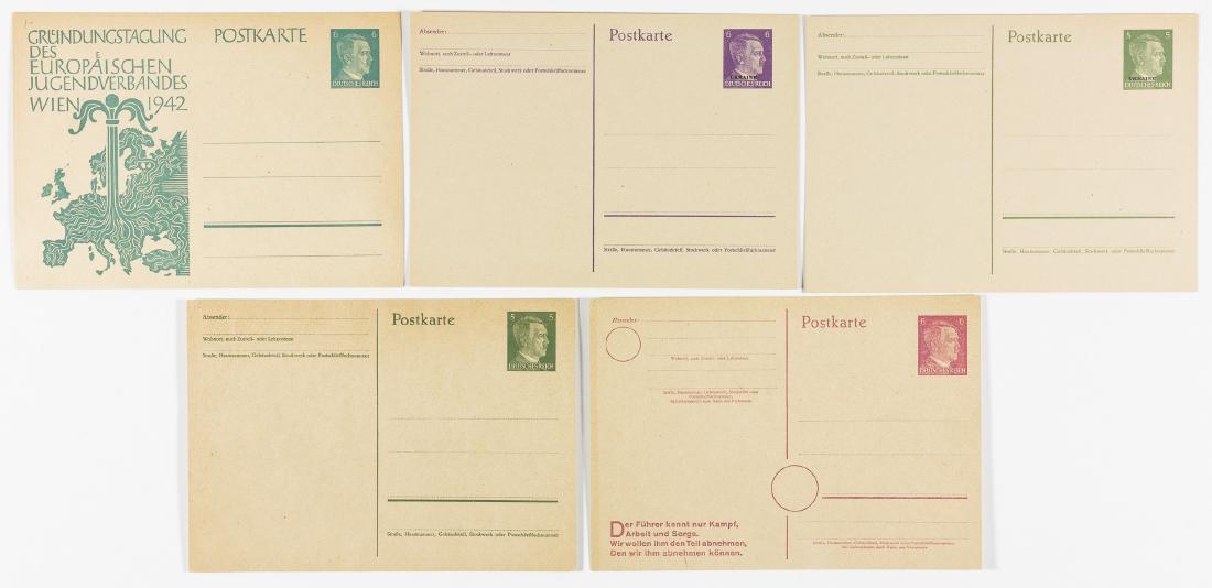 (GERMAN POSTAL HISTORY) POSTCARDS WITH "UKRAINE": Lot of postcards with pre-paid Adolf Hitler postage, all unused, includes two five-pfennig examples, one overprinted "UKRAINE"; two six-pfennig examples, one overprinted "UKRAINE"; and on six-pfennig 