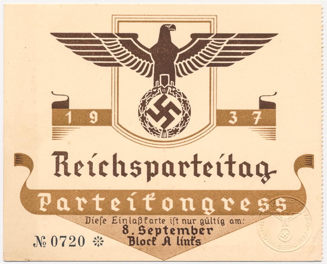 1937 "REICHSPARTEITAG" ADMISSION TICKET: Original 5" x 4" admission ticket for the 1937 "Reichsparteitag" ("Reich party day") at Nuremberg, no. 0720, giving a seating area and bearing a small embossed seal at bottom right. The right edge sho