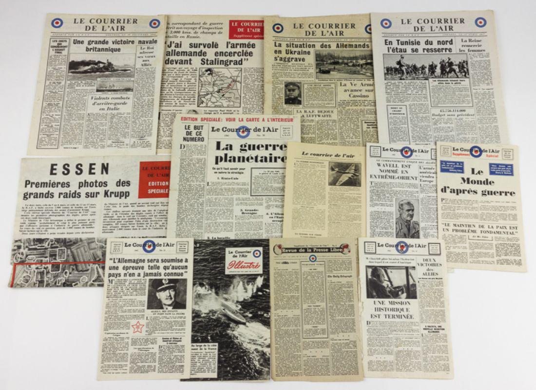 R.A.F. AIR-DROPPED PROPAGANDA: "LE COURIER DE L'AIR": Scarce group of 13 original issue of the R.A.F. air-dropped propaganda newspaper, "Le Courier de l'Air". The paper was dropped mainly in northern France in an effort to provide more accurate news to t