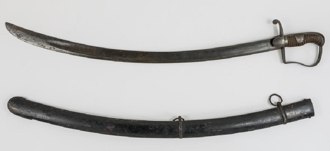 BRITISH 1796 LIGHT CAVALRY SABER: British Pattern 1796 Light Cavalry Saber with Scabbard. A good example with the brown leather grip intact and the wire wrapping in place and still tight. The iron single bar stirrup guard is likewise 