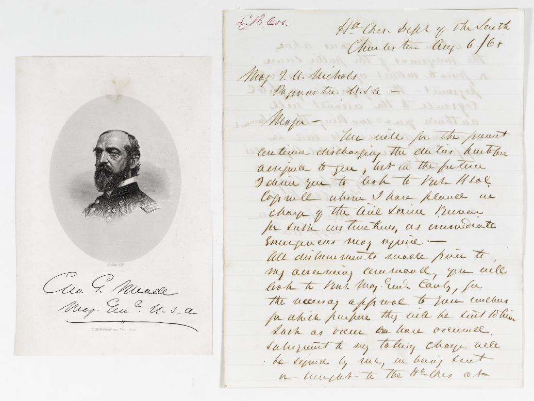 GEORGE G. MEADE: (1815 - 1872) Union major general who commanded brilliantly at Gettysburg, leading to a Union victory and the turning point of the Civil War. A.L.S. adding rank as major general, 2pp. 4to., "Hd. Qrs. 