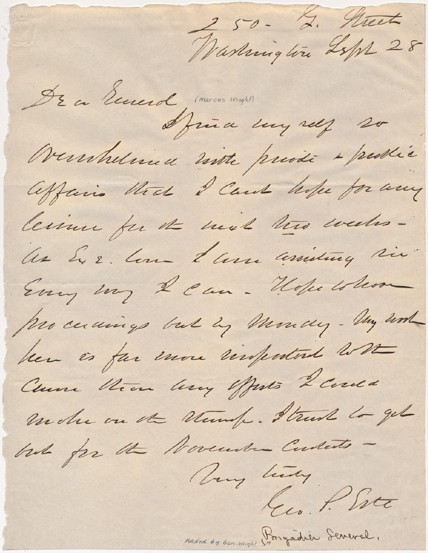 GEORGE P. ESTEY: (1829 - 1881) Union brevet brigadier general, colonel of the 14th Ohio who fought in the west, in the March to the Sea, and in the Carolinas. A.L.S. 1p. 4to., Sep. 28 [n.y., but likely war-date], to G