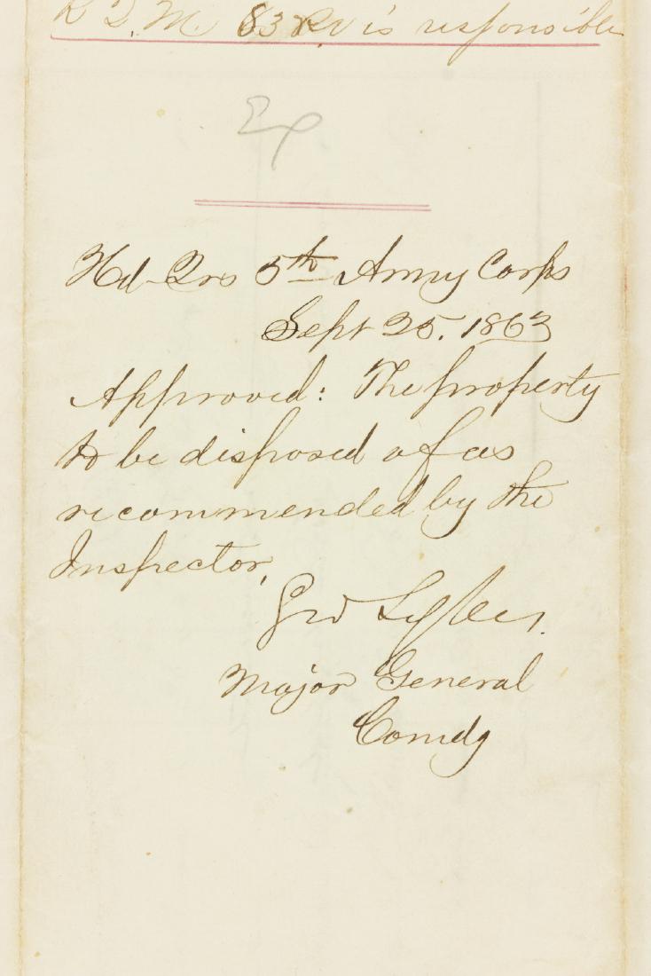 GEORGE SYKES: (1822 - 1880) Union major general who led a division at Antietam, Fredericksburg, and Chancellorsville. He commanded the 5th Corps at Gettysburg. War-date A.E.S. on the verso of a 1p. folio "Inventory