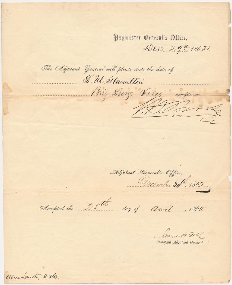 JOHN R. BROOKE: (1833 - 1916) Union brigadier general who commanded a division at Port Hudson and in the Army of the James. War-date D.S., 1p. 4to., [n.p.], Dec. 29, 1862, a Paymaster General's form letter asking the