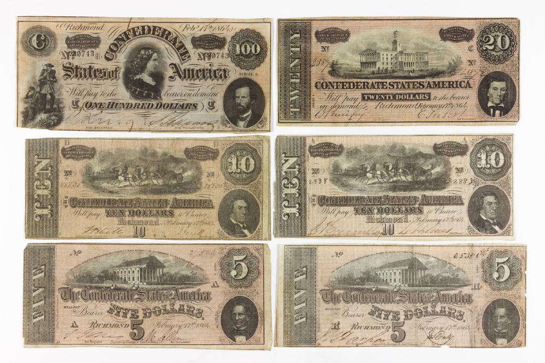 CONFEDERATE CURRENCY (6): Good lot of six Confederate banknotes, includes: T-67 Richmond 1864 $20.00 note; two pieces T-69 Richmond 1864 $5.00 notes; T-65 Richmond 1864 $100.00 note; and two pieces T-59 Richmond 1864 $10.00 no