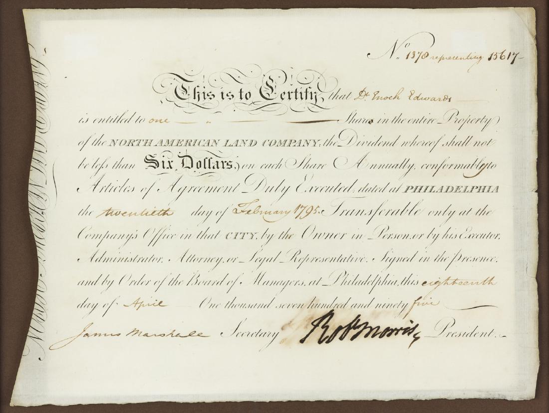 ROBERT MORRIS: (1734 - 1806) Signer of the Declaration of Independence, financier and politician. Morris was instrumental in the financing of Washington's armies, and was later financially ruined through his specula