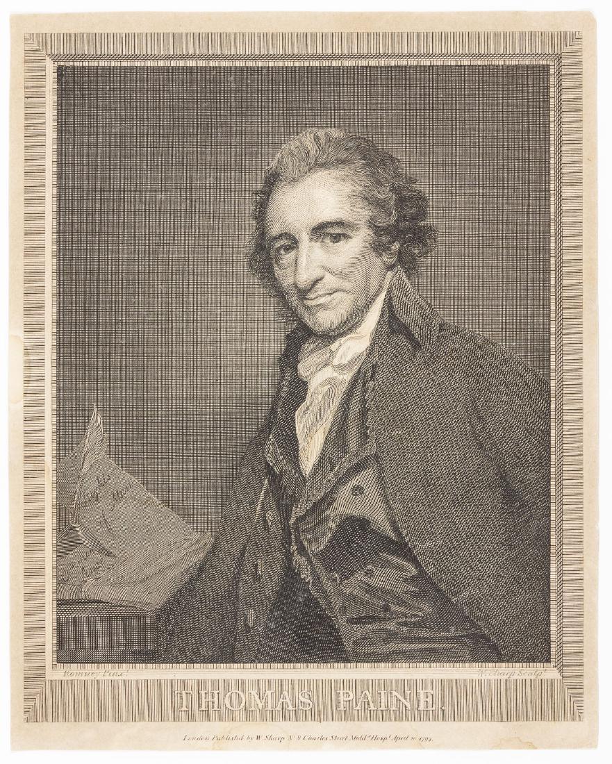 LITHOGRAPH PORTRAIT OF THOMAS PAINE: Fine, large lithograph portrait of American revolutionary thinker Thomas Paine, 9" x 11", a waist-up view with his works "Rights of Man" and "Common Sense" in the background. The portrait is surrounde