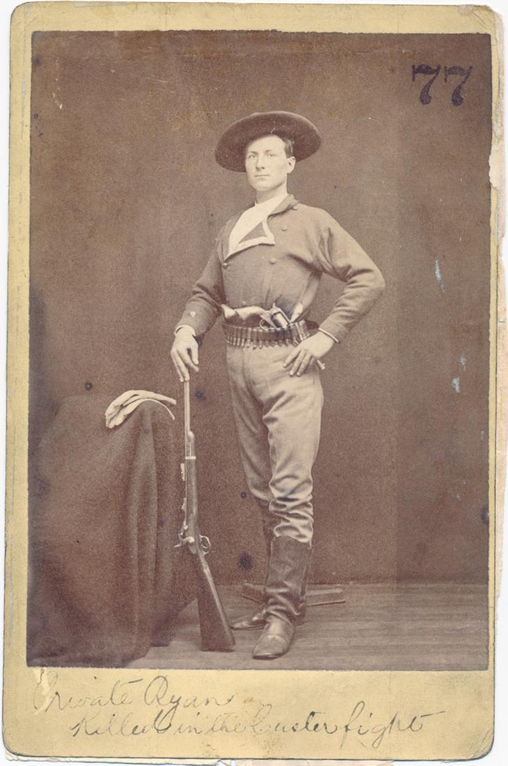 (CORP. DANIEL RYAN, KILLED AT THE LITTLE BIG HORN): Very rare photograph of Corporal Daniel Ryan, killed with Gen. George A. Custer on June 25, 1876. This superb image, 4" x 6 1/2" b/w, consists of an original albumen photograph depicting Ryan full-len