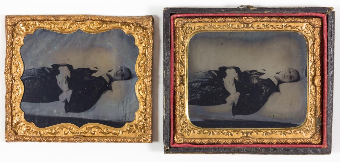 POST-MORTEM TINTYPES OF A WOMAN: Pair of nineteenth-century tintype photographs, each 3" x 2 3/4" ("sixth plate"), both presenting the same view of a deceased woman laid-out upon a bed, with her head turned to her left, facing the ca