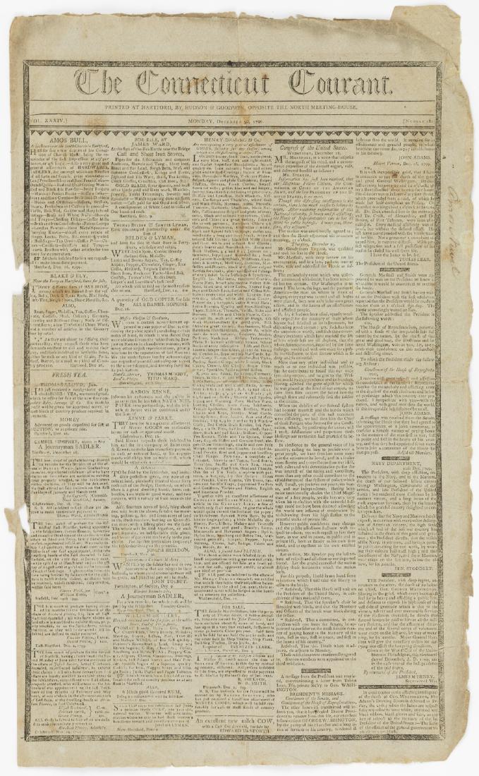 NEWSPAPER REPORT ON THE DEATH OF GEORGE WASHINGTON: Fine historic newspaper, the December 30, 1799 edition of the "Connecticut Courant", 4pp. folio, bearing several letters and articles describing the death of President George Washington, his funeral a