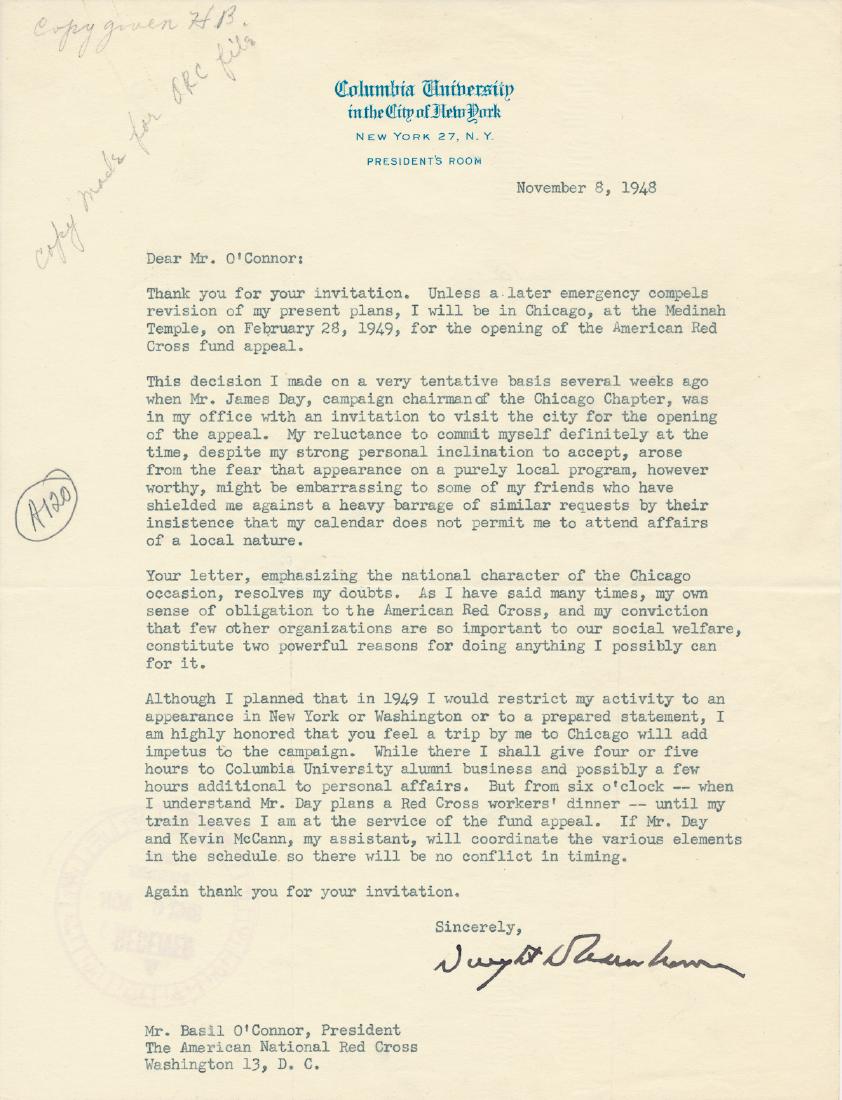 DWIGHT D. EISENHOWER: (1890 - 1969) 34th President of the United States, Supreme Commander of Allied forces in Europe during World War II and largely responsible for the successful invasion on D-Day. Fine association T.L.S