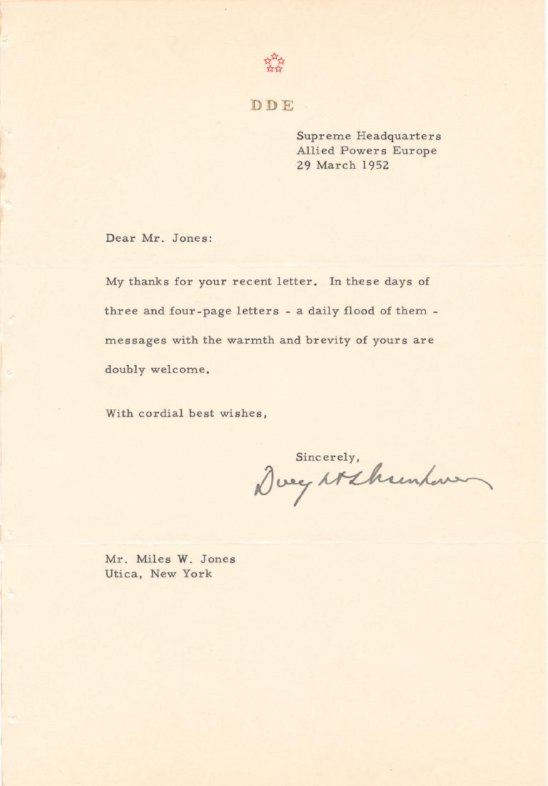 DWIGHT D. EISENHOWER: (1890 - 1969) 34th President of the United States, Supreme Commander of Allied forces in Europe during World War II and largely responsible for the successful invasion on D-Day. T.L.S. on his Supreme