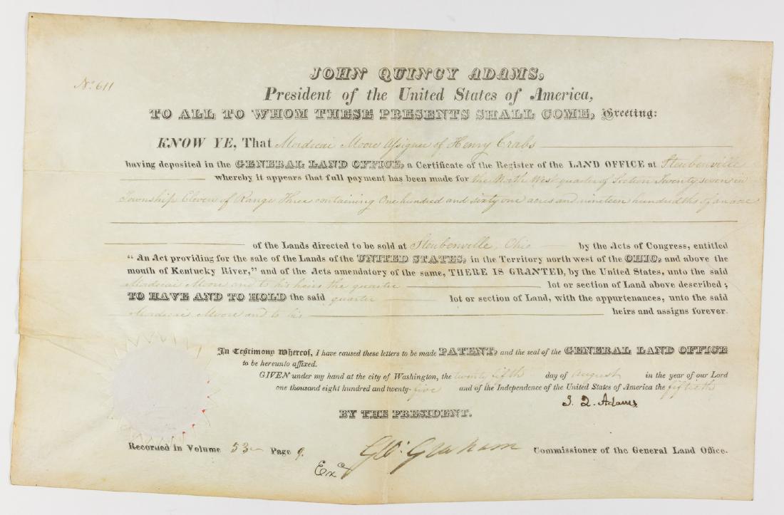 JOHN QUINCY ADAMS: (1767-1848) Sixth President of the United States, Secretary of State under Monroe who principally formulated the Monroe Doctrine. Partly-printed D.S. "J. Q. Adams" as President, 1p. folio parchment, W