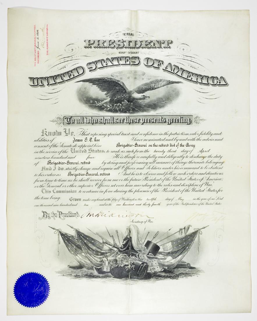 WILLIAM H. TAFT: (1857 - 1930) Twenty-seventh President of the United States and Supreme Court Chief Justice. Partly-printed D.S. as President, 1p. folio parchment, Washington, May 12, 1910, appointing James G. C. Lee