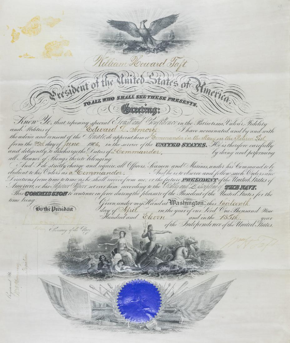WILLIAM H. TAFT: (1857 - 1930) Twenty-seventh President of the United States and Supreme Court Chief Justice. Partly-printed D.S. as President, 1p. folio parchment, Washington, April 13, 1911, a naval appointment of E