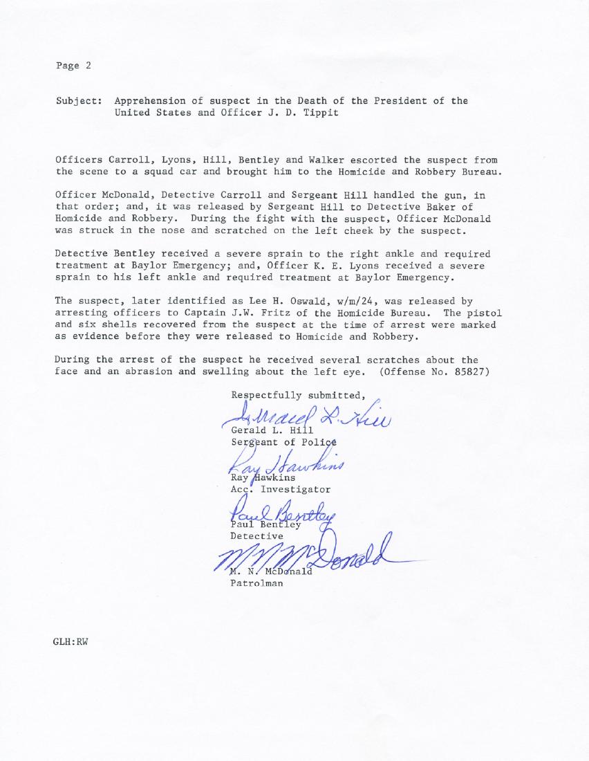 LEE HARVEY OSWALD'S ARRESTING OFFICERS: Fine association printed D.S., 2pp. 4to. [n.p., n.d.], a modern copy of the Dallas Police Department's report on the arrest of Lee Harvey Oswald on November 22, 1963, shortly after he assassinated Pre