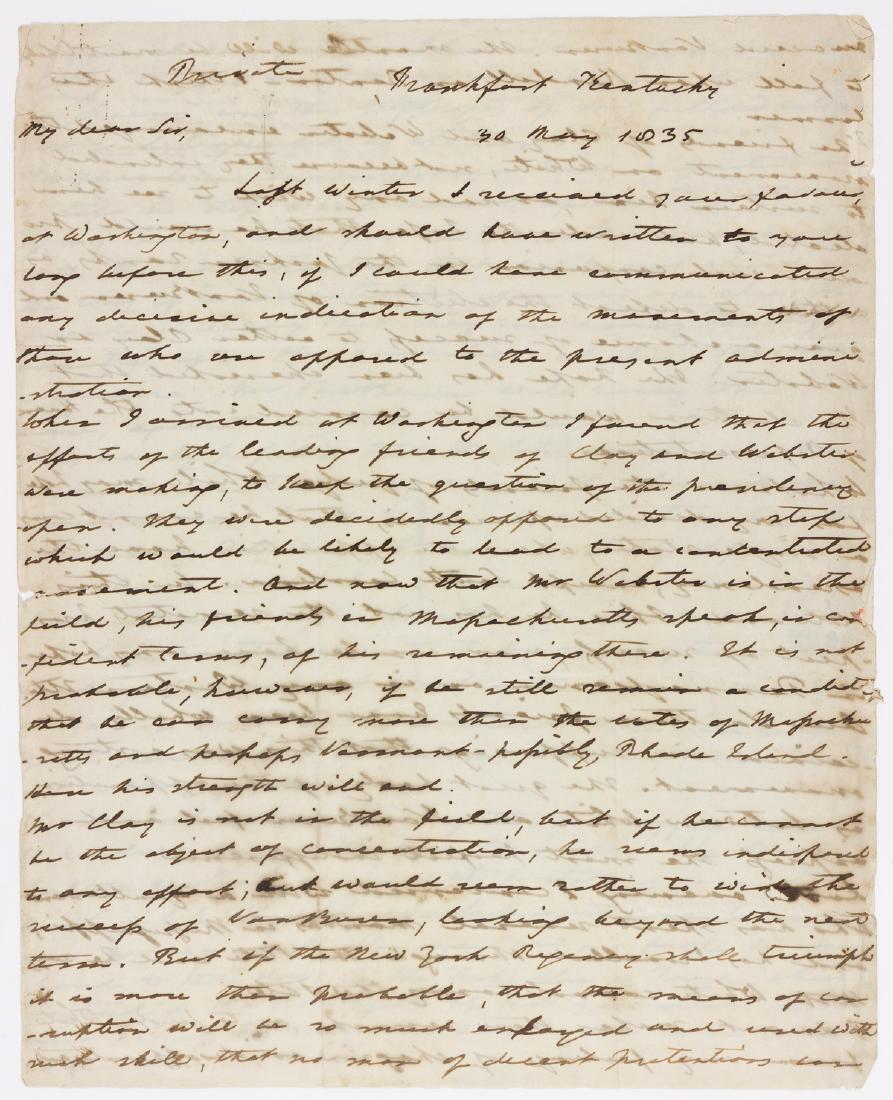 JOHN MCLEAN: (1785 - 1861) Associate Justice of the Supreme Court who dissented in the Dred Scott decision, and twice attempted to win the presidency. Fine political content A.L.S., 4pp. 4to., Frankfort, May 30, 1