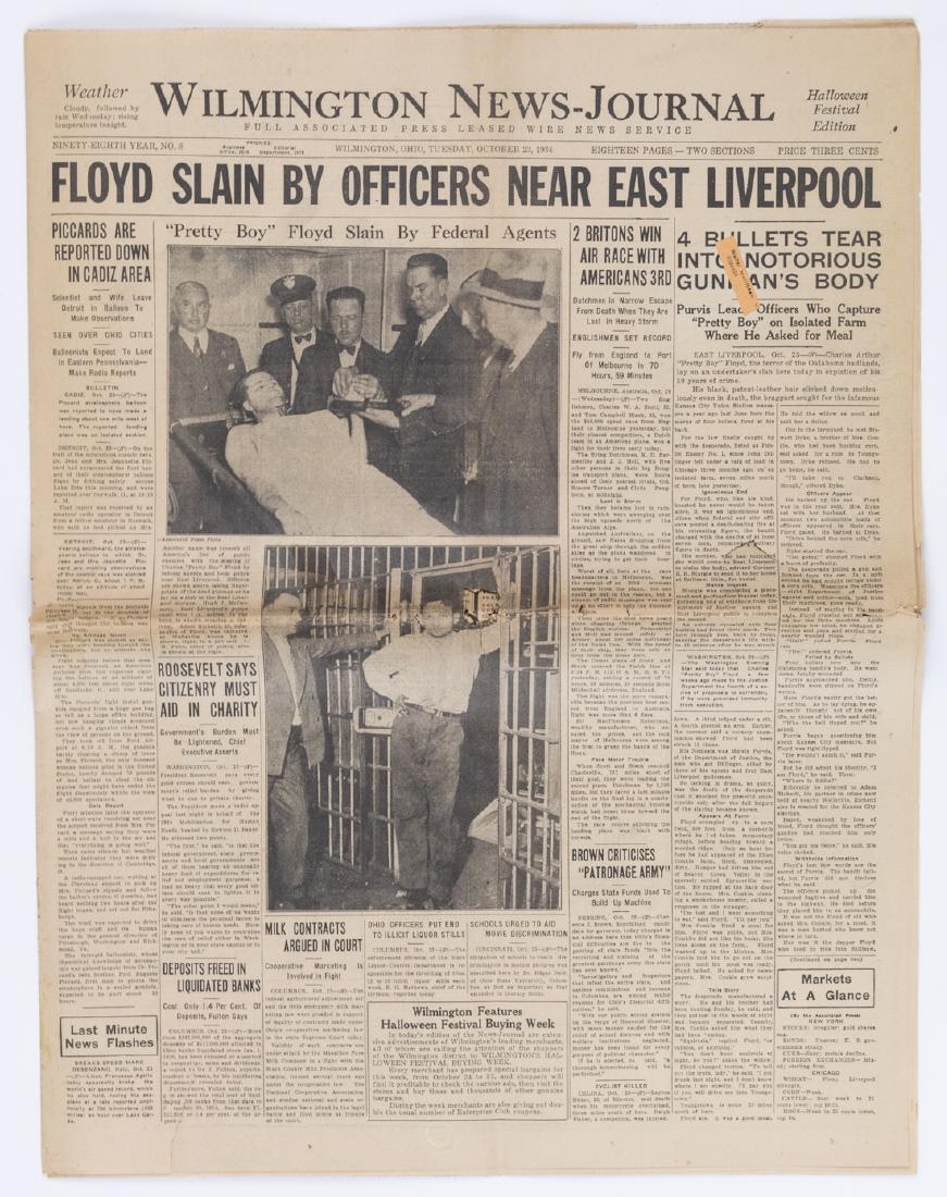 THE "WILMINGTON NEWS-JOURNAL" ANNOUNCES THE DEATH OF: Historic newspaper, the October 23, 1934 edition of the Wilmington, Ohio "News-Journal", 18pp. folio, announcing the death of notorious Depression-era bank robber Charles "Pretty Boy" Floyd. The front