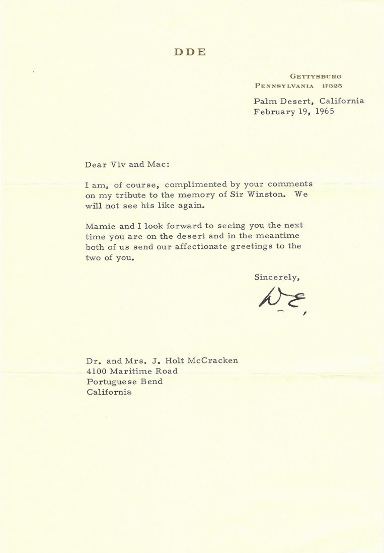 DWIGHT D. EISENHOWER'S TRIBUTE TO CHURCHILL: (1890 - 1969) 34th President of the United States, Supreme Commander of Allied forces in Europe during World War II and largely responsible for the successful invasion on D-Day. Fine content and assoc