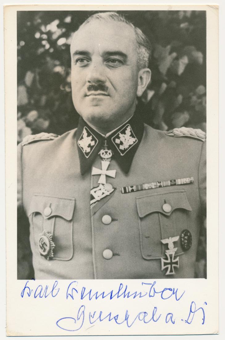 KARL MARIA DEMELHUBER: (1896 - 1988) German Waffen-SS ObergruppenfÃ¼hrer who commanded the SS-Standarte Germania, 6th SS Mountain Division Nord, XII SS Corps, and XVI SS Corps. Captured by the British at war's end, suspec