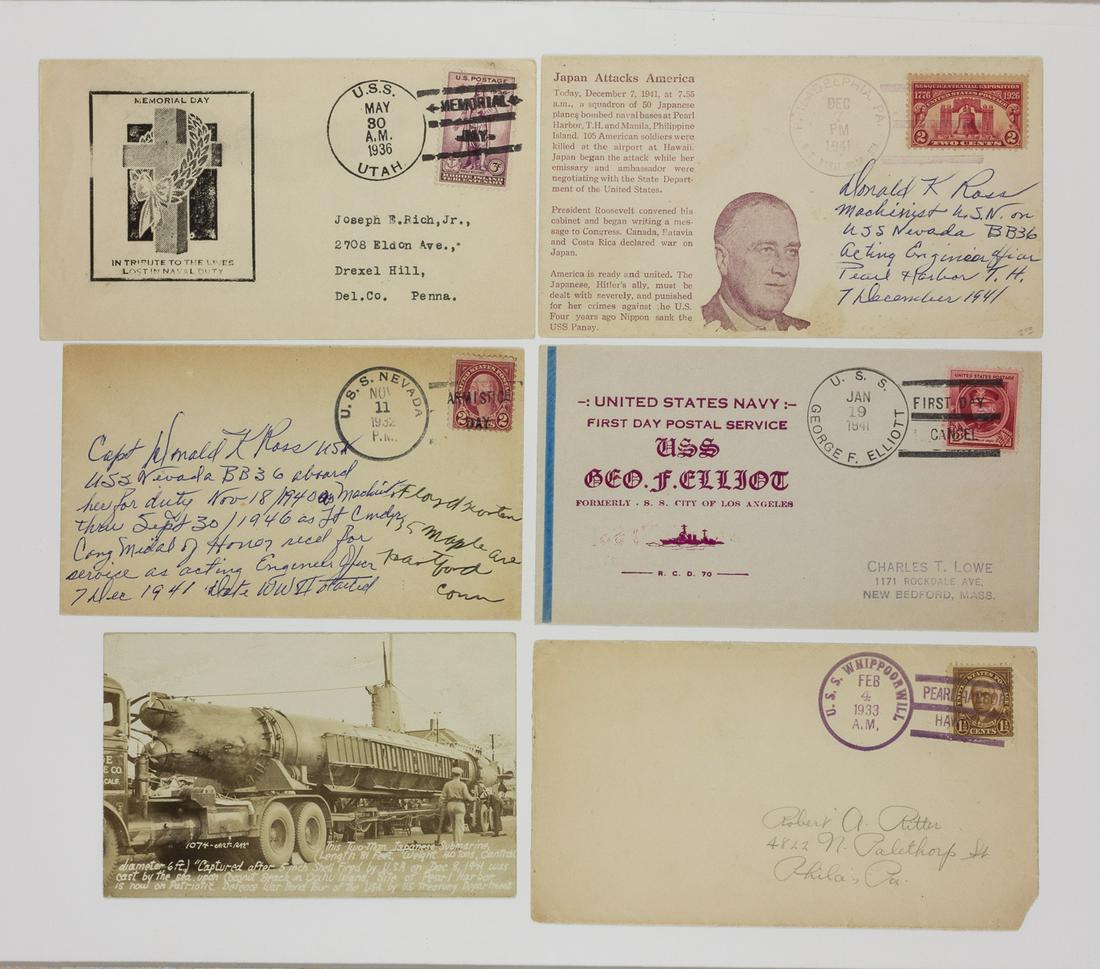 PEARL HARBOR: PEARL HARBOR A group of five postal covers: two covers canceled aboard the U.S.S. Nevada, postmarked Nov. 11, 1932 and Dec. 7, 1941 respectively, signed by DONALD K. ROSS, the first to receive the Con