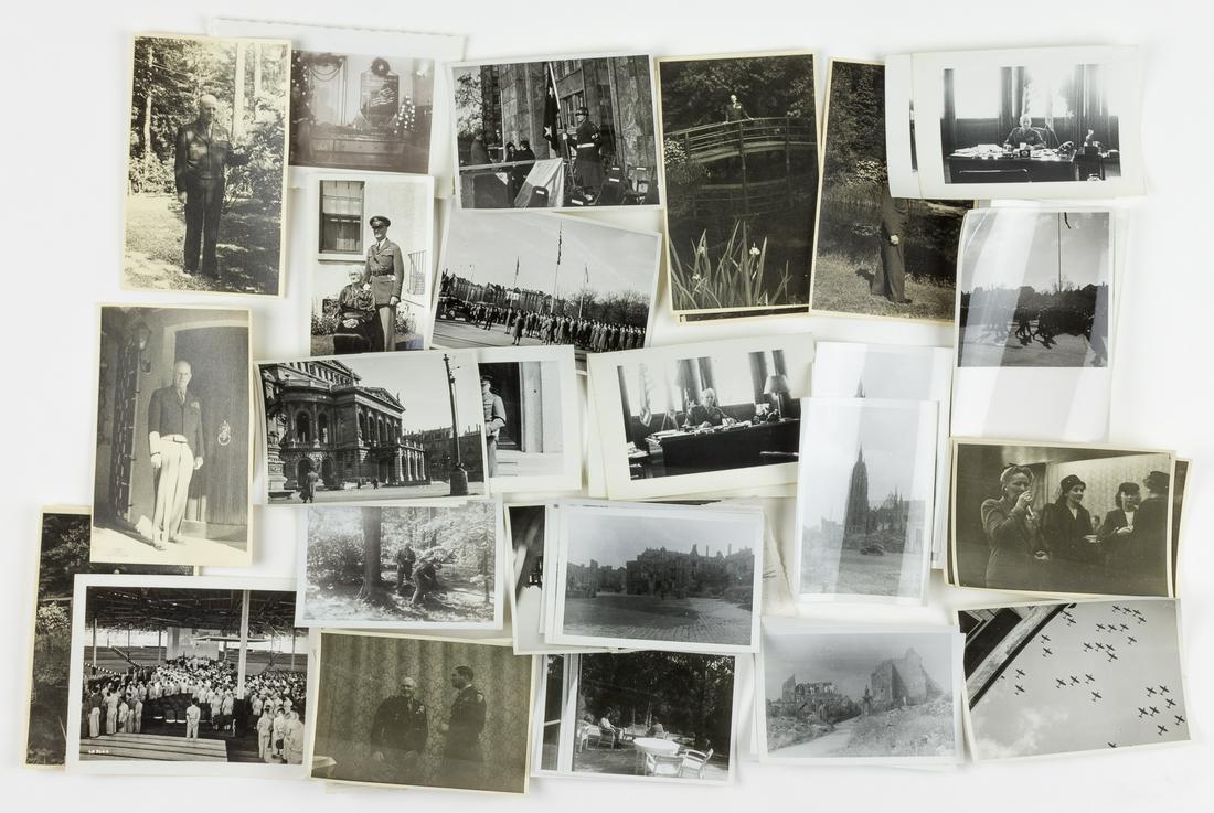 GEN. CLARENCE R. HUEBNER POSTWAR CANDID PHOTOGRAPHS: FROM THE ESTATE OF GEN. CLARENCE R. HUEBNER, COMMANDER OF THE 1ST INFANTRY DIVIDION IN THE FIRST WAVE AT OMAHA BEACH Lot of about 50 fifty original photos, each about 3" x 4", most showing Huebner whi