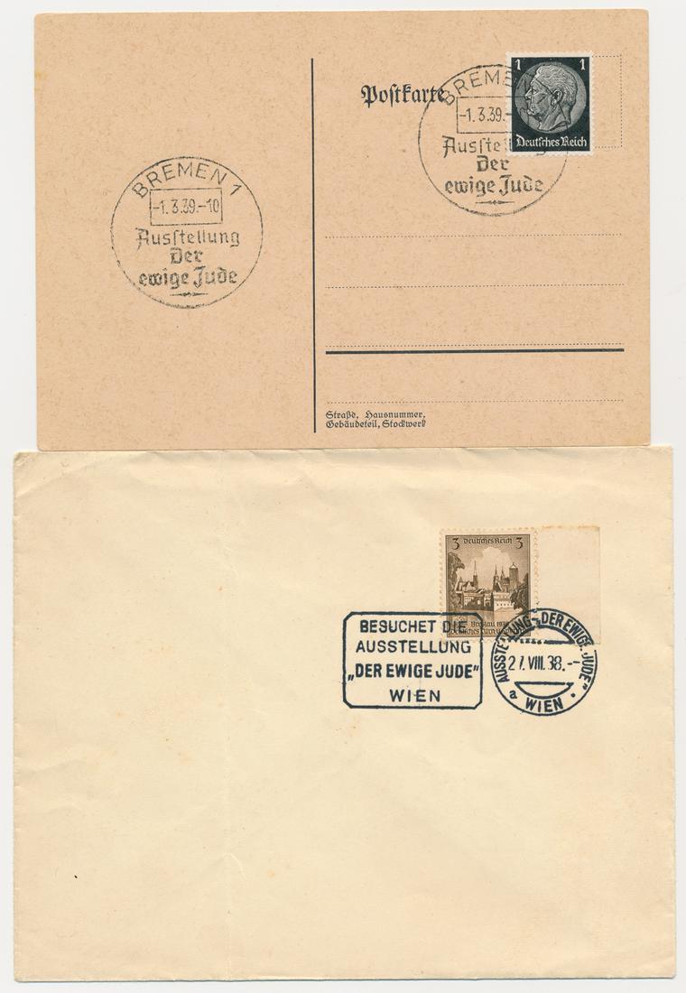 THE ETERNAL JEW COMMEMORATIVE POSTAL COVER AND ENVELOPE: Pair of items to includes a postcard and envelope bearing cancels celebrating the exhibition of the notorious anti-Semitic film "Der ewige Jude", canceled in Vienna, Aug. 27, 1938 and in Bremen, Mar. 