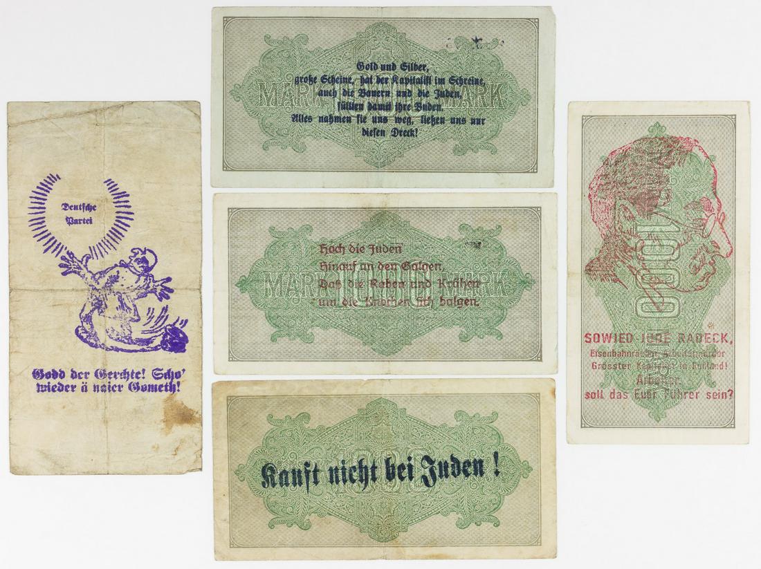 GERMAN INFLATION CURRENCY WITH ANTI-SEMITIC MESSAGES: Good lot of five pieces of German high-denomination inflation currency, including four 1000-mark notes and one 500-mark note, all interestingly stamped on the verso with various anti-Semitic propagand