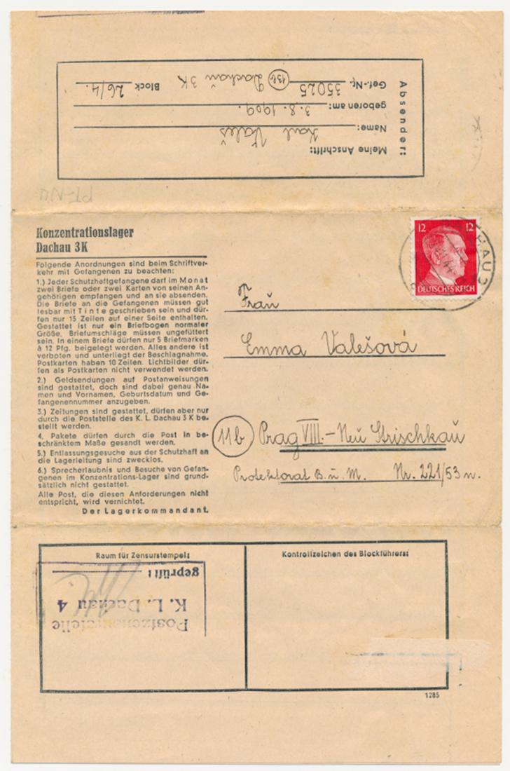 DACHAU CONCENTRATION CAMP PRISONER'S LETTER: Letter from a prisoner at the German Dachau 3K concentration camp, on official camp stationery, 4pp. 8vo., with "Dachau" hand cancel and censor's stamps, Nov. 19, 1944. Karl Vales, Prisoner 35025, Blo