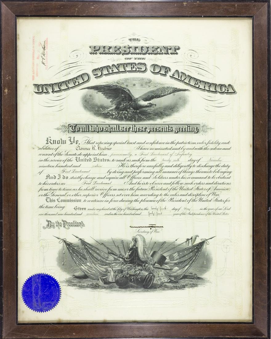 GEN. CLARENCE C. HEUBNER'S FIRST LIEUTENANT'S: FROM THE ESTATE OF GEN. CLARENCE R. HUEBNER, COMMANDER OF THE 1ST INFANTRY DIVISION IN THE FIRST WAVE AT OMAHA BEACH Partly-printed D.S., 1p. folio, Washington, D.C., Dec. 20, 1927, appointing Clarenc