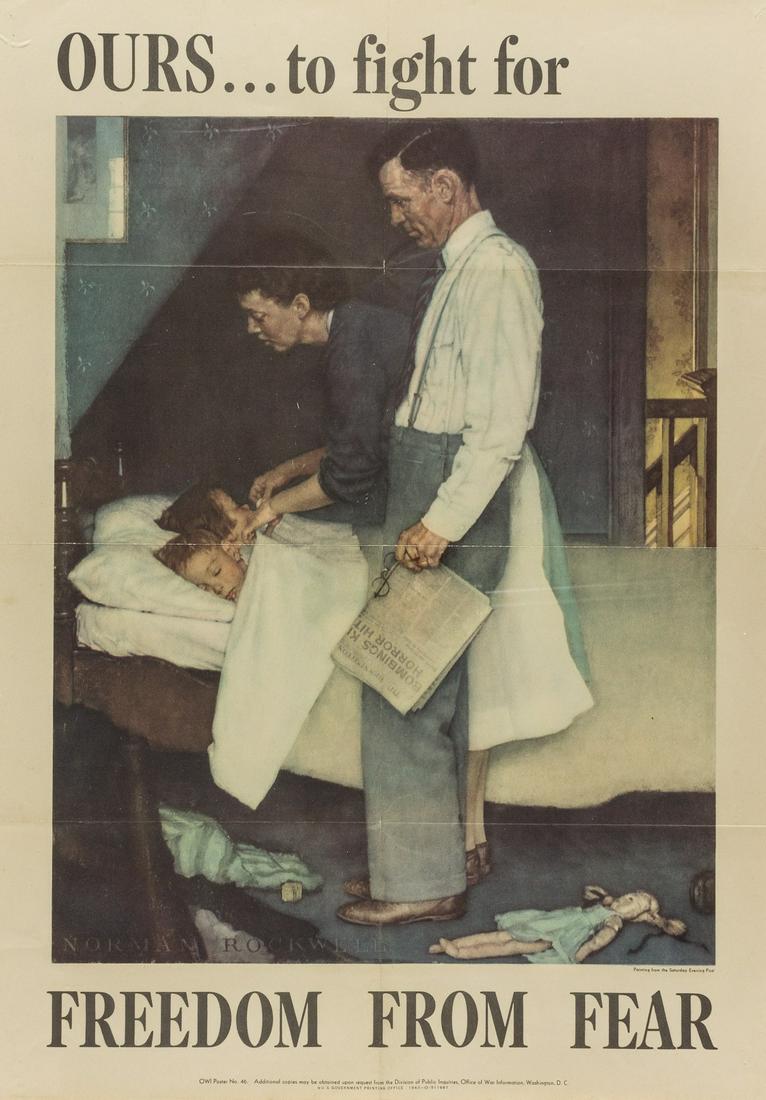 NORMAN ROCKWELL'S "FOUR FREEDOMS" PROPAGANDA POSTERS: Complete set of American artist Norman Rockwell's iconic World War II 'Four Freedoms' propaganda posters, each 27.5 x 20 in., including 'Save Freedom of Worship - Buy War Bonds', 'Save Freedom of Spee